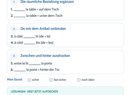 Französisch Lernkarte: Ortspräpositionen – Lage beschreiben – Selbstcheck mit sechs Aufgaben und Lösungen