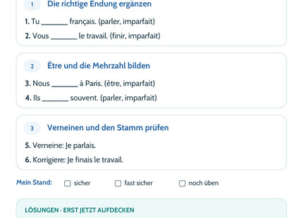 Französisch Lernkarte: Imparfait – Bildung und Grundlagen – Selbstcheck mit sechs Aufgaben und Lösungen