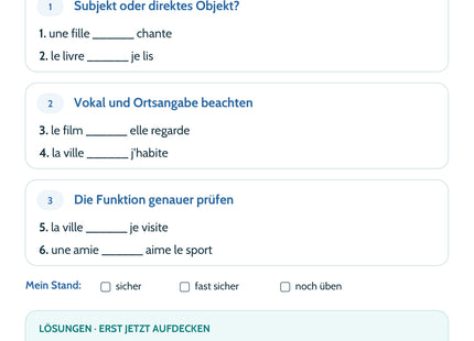 Französisch Lernkarte: Relativsätze mit qui, que und où – Selbstcheck mit sechs Aufgaben und Lösungen