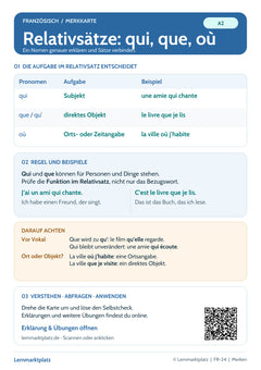 Französisch Lernkarte: Relativsätze mit qui, que und où (PDF)