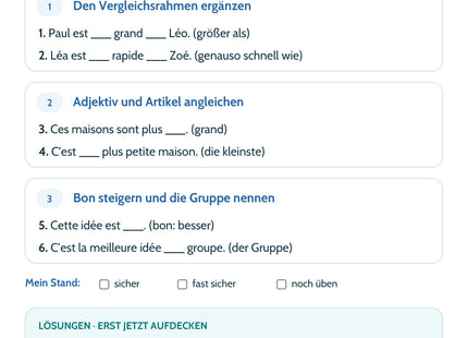 Französisch Lernkarte Vergleiche & Superlative: Selbstcheck mit sechs Aufgaben und Lösungen