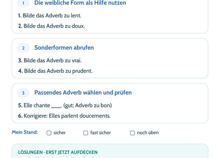 Französisch Lernkarte Adverbien auf -ment: Selbstcheck mit sechs Aufgaben und Lösungen