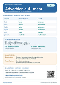 Französisch Lernkarte: Adverbien auf -ment – Bildung und Ausnahmen (PDF)