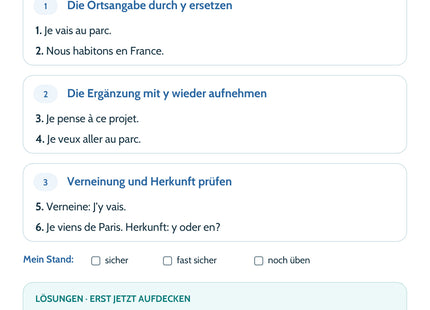 Französisch Lernkarte Das Pronomen y: Selbstcheck mit sechs Aufgaben und Lösungen