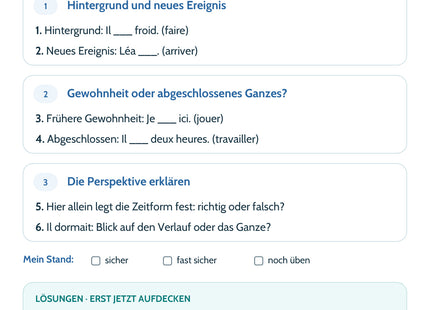 Französisch Lernkarte Imparfait oder passé composé? – Selbstcheck mit sechs Aufgaben und Lösungen
