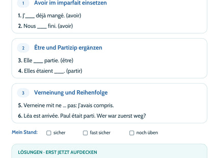 Französisch Lernkarte Plus-que-parfait – Selbstcheck mit sechs Aufgaben und Lösungen