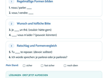 Französisch Lernkarte Conditionnel présent – Selbstcheck mit sechs Aufgaben und Lösungen