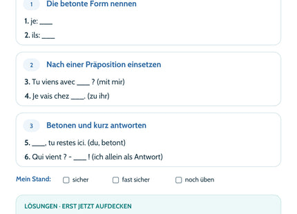 Französisch Lernkarte Betonte Pronomen – Selbstcheck mit sechs Aufgaben und Lösungen