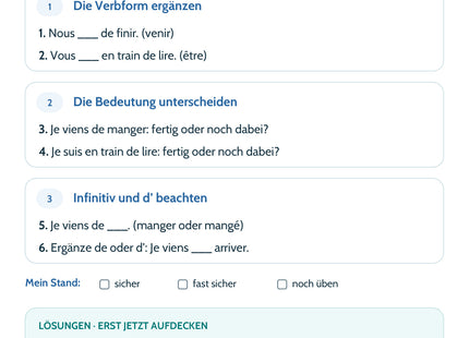 Französisch-Lernkarte Venir de & être en train de – Selbstcheck mit sechs Aufgaben und Lösungen