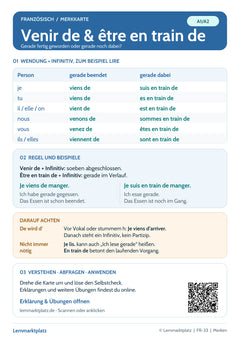 Französisch Lernkarte: venir de und être en train de (PDF)