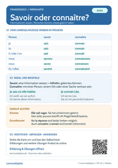 Französisch Lernkarte: savoir oder connaître – wissen und kennen (PDF)