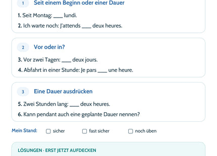 Französisch-Lernkarte Zeitangaben sicher wählen – Selbstcheck mit sechs Aufgaben und Lösungen