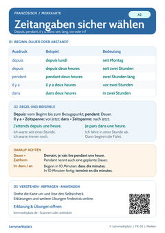 Französisch Lernkarte: Zeitangaben – depuis, pendant, il y a und dans (PDF)