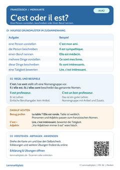 Französisch Lernkarte: c’est oder il est – vorstellen und beschreiben (PDF)