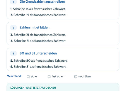 Französisch Lernkarte Zahlen bis 100 – Rückseite mit sechs Aufgaben und Lösungen