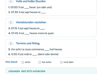 Französisch Lernkarte Uhrzeiten sicher sagen – Rückseite mit sechs Aufgaben und Lösungen