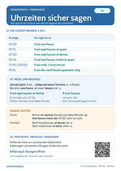Französisch Lernkarte: Uhrzeiten – il est, et demie und à (PDF)