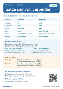Französisch Lernkarte: Konnektoren – et, mais, parce que und donc (PDF)