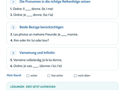 Französisch Lernkarte Zwei Objektpronomen – Rückseite mit sechs Aufgaben und Lösungen