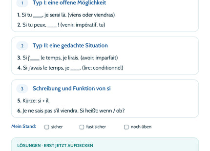 Französisch Lernkarte Si-Sätze: Typ I & II – Selbstcheck mit sechs Aufgaben und Lösungen