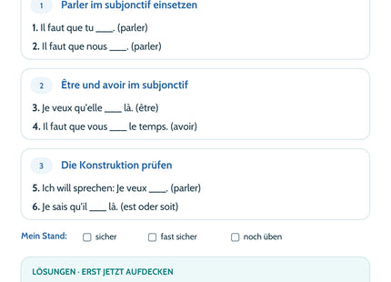 Französisch Lernkarte Subjonctif présent – Selbstcheck mit sechs Aufgaben und Lösungen