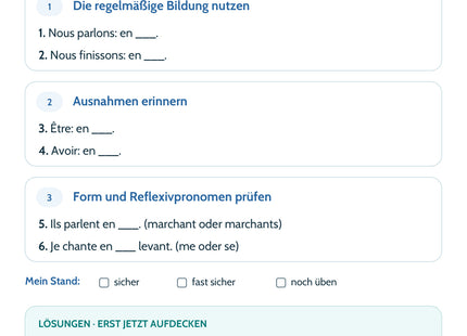 Französisch Lernkarte Gérondif – Selbstcheck mit sechs Aufgaben und Lösungen