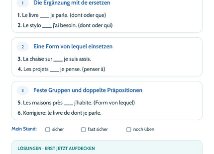 Französisch Lernkarte Dont & lequel – Selbstcheck mit sechs Aufgaben und Lösungen