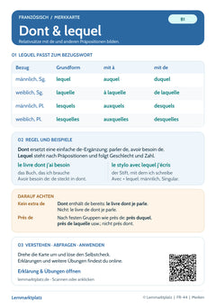 Französisch Lernkarte: Dont und lequel – Relativpronomen (PDF)