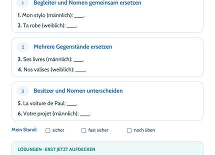 Französisch: Possessivpronomen – Selbstcheck mit sechs Aufgaben und Lösungen