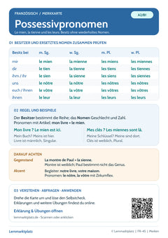 Französisch Lernkarte: Possessivpronomen – le mien, la tienne und mehr (PDF)