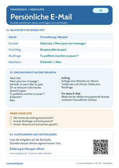 Französisch Lernkarte: Persönliche E-Mail – Schreibtraining (PDF)