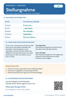 Französisch Lernkarte: Stellungnahme – Schreibtraining (PDF)