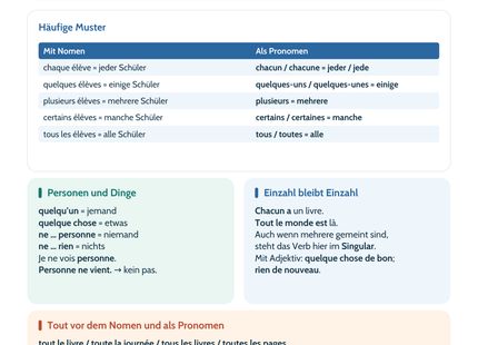 Französisch Lernposter: Indefinite Begleiter und Pronomen unterscheiden. Vorschau der A4-Fassung, ebenfalls als A3 erhältlich.