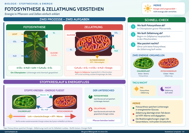Fotosynthese & Zellatmung verstehen – Energie in Pflanzen und Zellen einfach erklärt – Lernposter / Lernplakat als PDF
