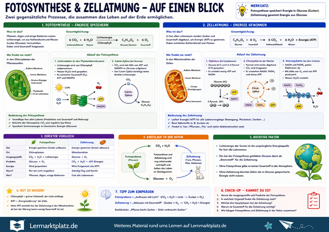 Fotosynthese & Zellatmung verstehen – Energie in Pflanzen und Zellen einfach erklärt – Lernposter / Lernplakat als PDF