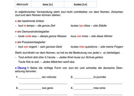 Französisch Arbeitsblatt: Adjektivisches tout – Formen, Gebrauch & Übungen