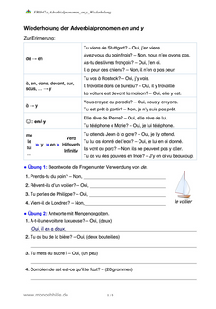 Französisch Arbeitsblatt: Adverbialpronomen en und y