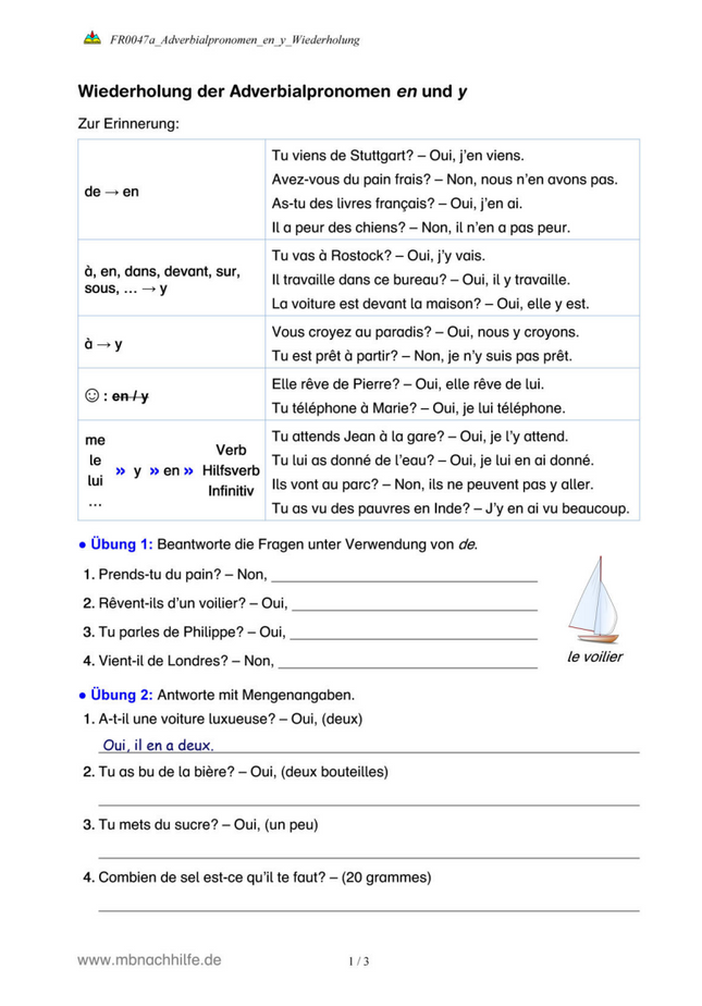 Französisch Arbeitsblatt: Adverbialpronomen en und y