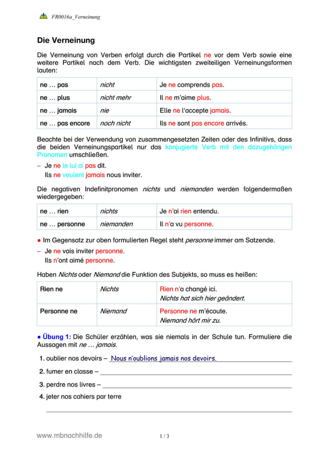 Französisch Arbeitsblatt: Die Verneinung