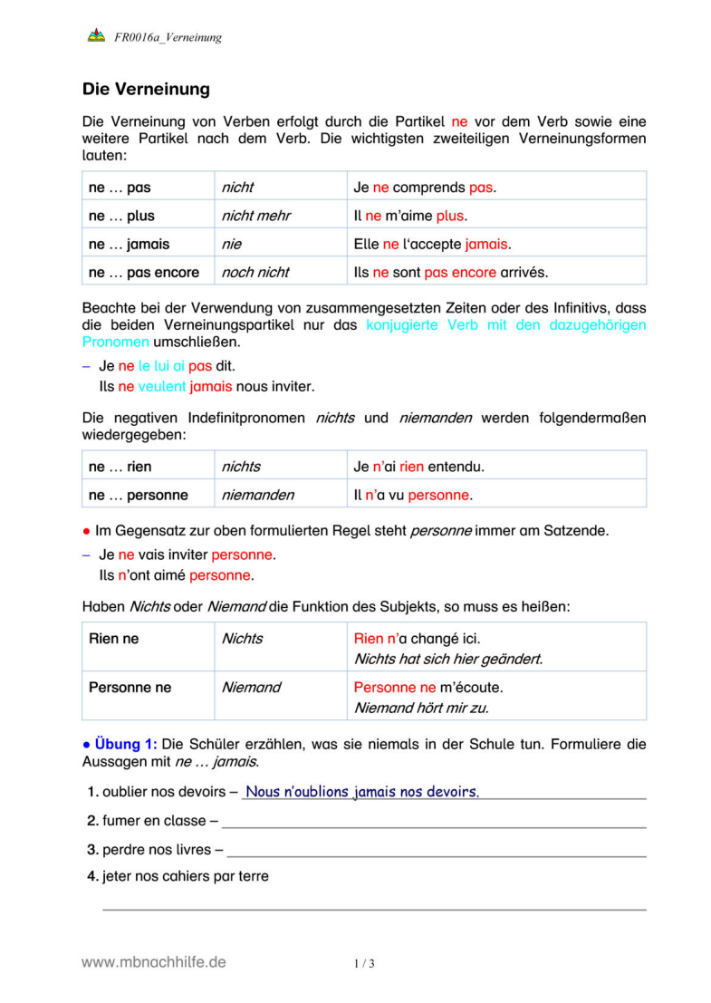 Französisch Arbeitsblatt: Die Verneinung