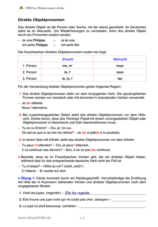 Französisch Arbeitsblatt: Direkte und indirekte Rede – Einleitungssätze & Umformung