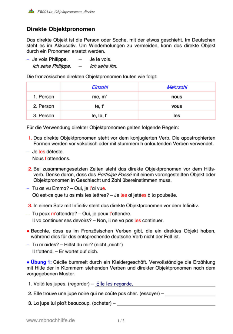 Französisch Arbeitsblatt: Direkte und indirekte Rede – Einleitungssätze & Umformung