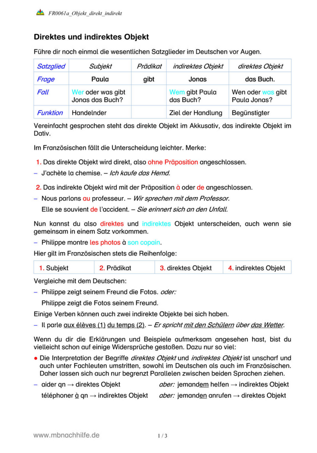 Französisch Arbeitsblatt: Direktes & indirektes Objekt