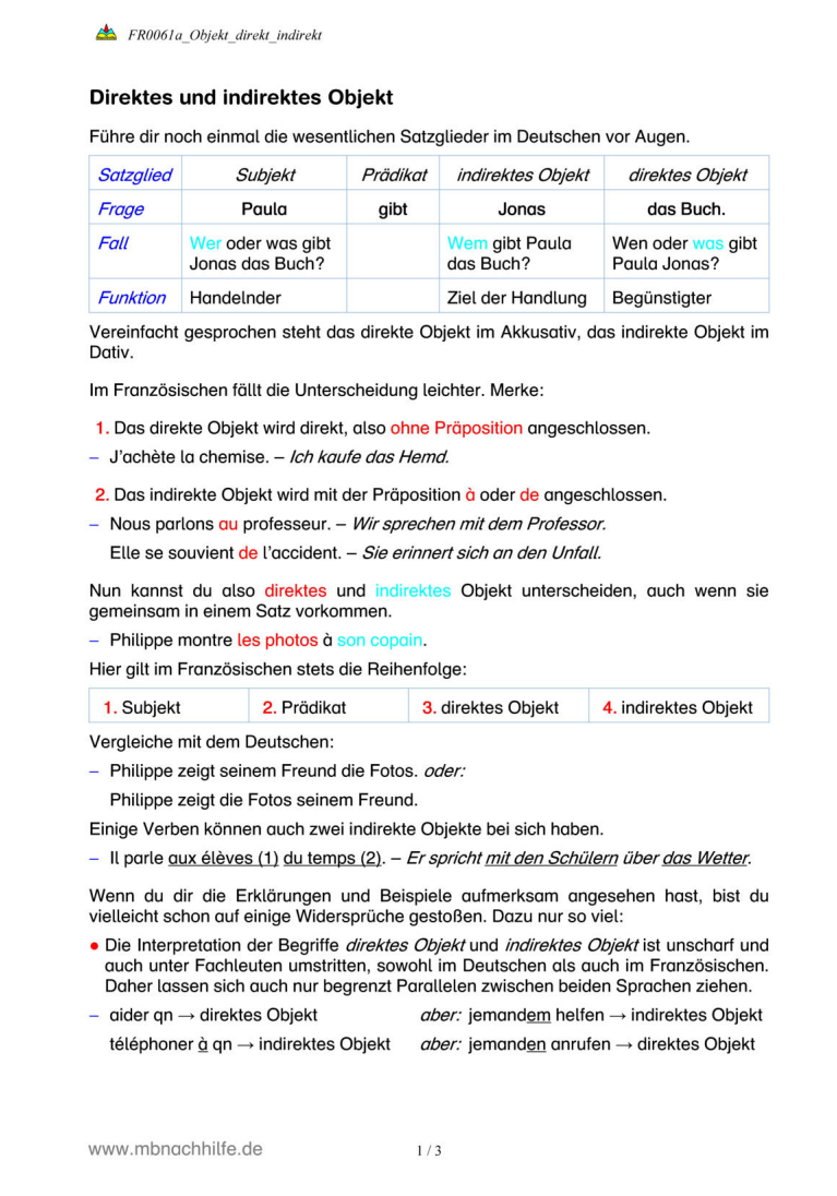 Französisch Arbeitsblatt: Direktes & indirektes Objekt