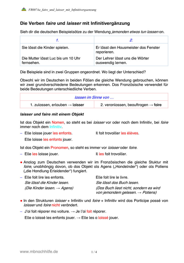 Französisch Arbeitsblatt: Faire und laisser mit Infinitiv