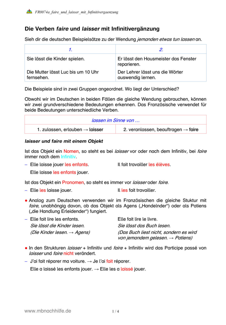 Französisch Arbeitsblatt: Faire und laisser mit Infinitiv
