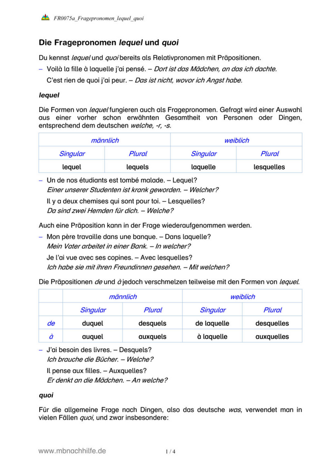 Französisch Arbeitsblatt: Fragepronomen lequel & quoi