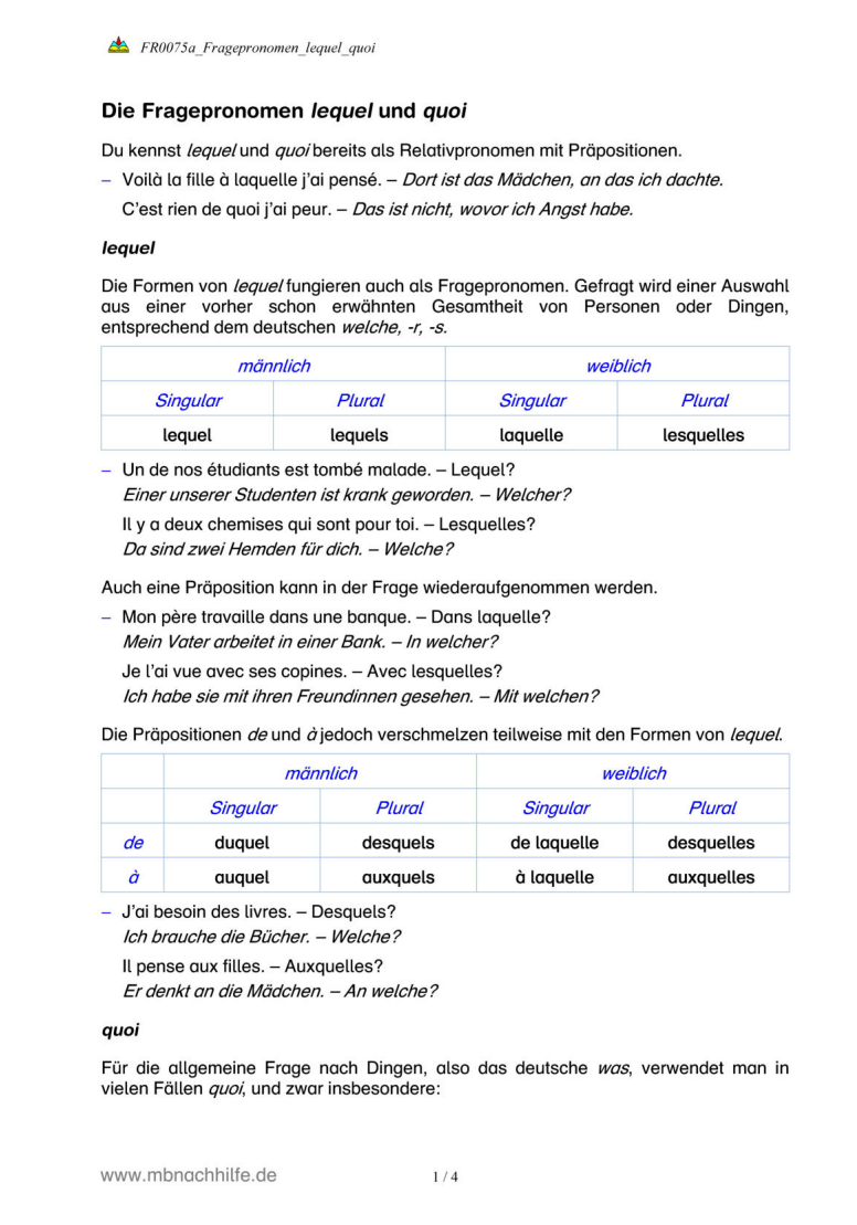 Französisch Arbeitsblatt: Fragepronomen lequel & quoi