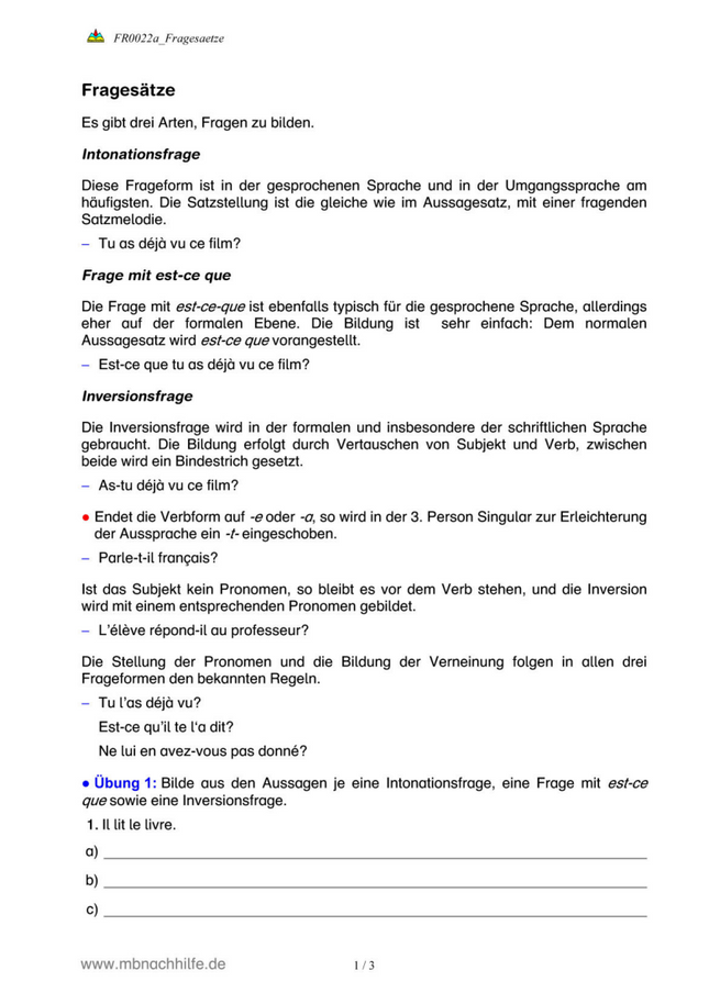 Französisch Arbeitsblatt: Fragesätze – Intonation, est-ce que, Inversion & Pronomen