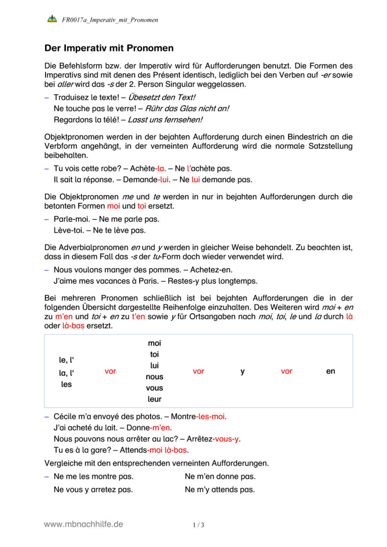 Französisch Arbeitsblatt: Imperativ mit Pronomen – bejahte & verneinte Aufforderungen